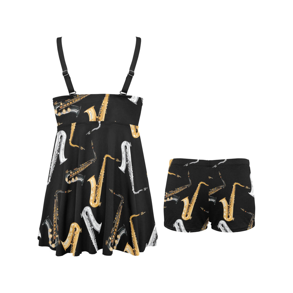 saxophone design pattern Chest Sexy Pleated Two Piece Swim Dress