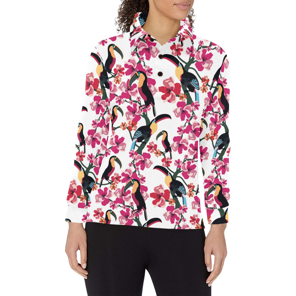 Toucan flower design pattern Women's Long Sleeve Polo Shirt