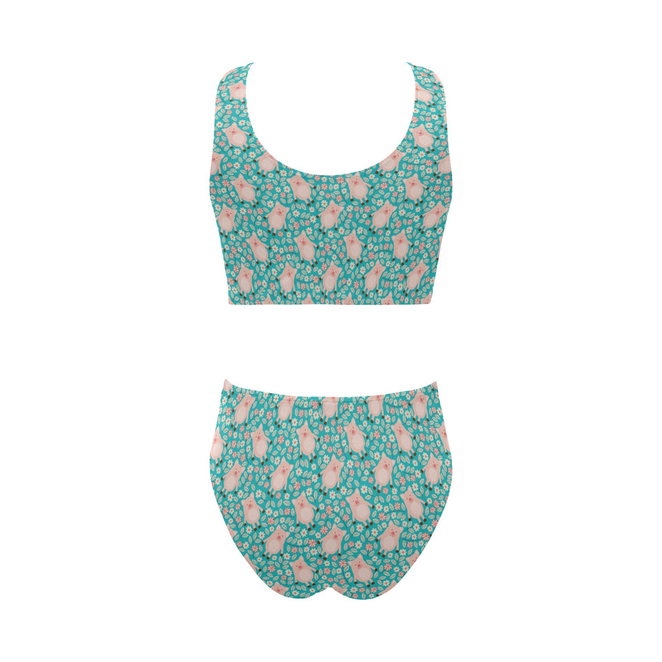 Pig Pattern Print Design 01 Chest Bowknot High Waisted Bikini Swimsuit