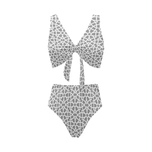 arabic gray pattern Chest Bowknot High Waisted Bikini Swimsuit