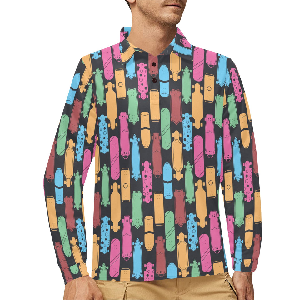Skate Board Pattern Print Design 02 Men's Long Sleeve Polo Shirt