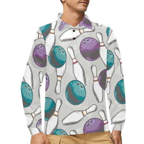 Bowling ball and pin gray background Men's Long Sleeve Polo Shirt