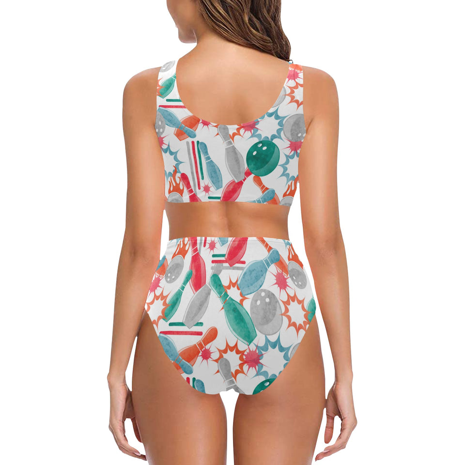 Watercolor bowling pattern Chest Bowknot High Waisted Bikini Swimsuit