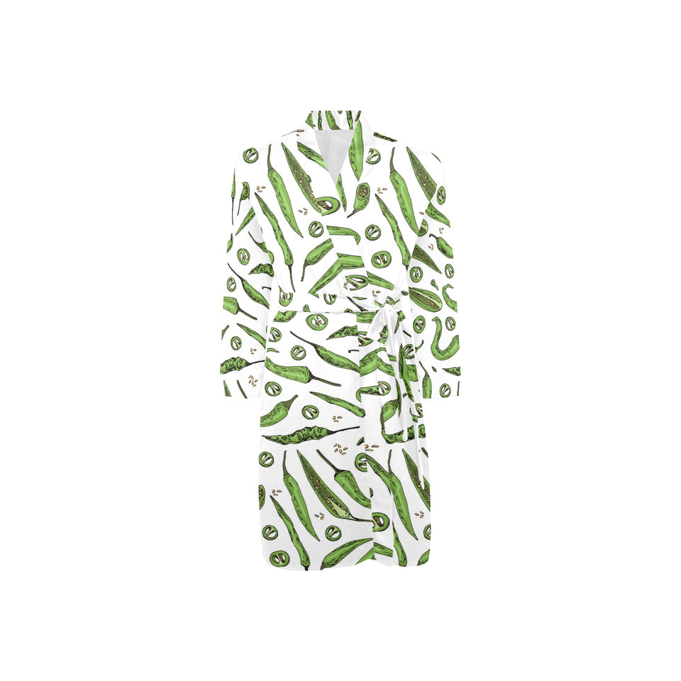 Hand drawn sketch style green Chili peppers patter Men's Long Sleeve Belted Night Robe