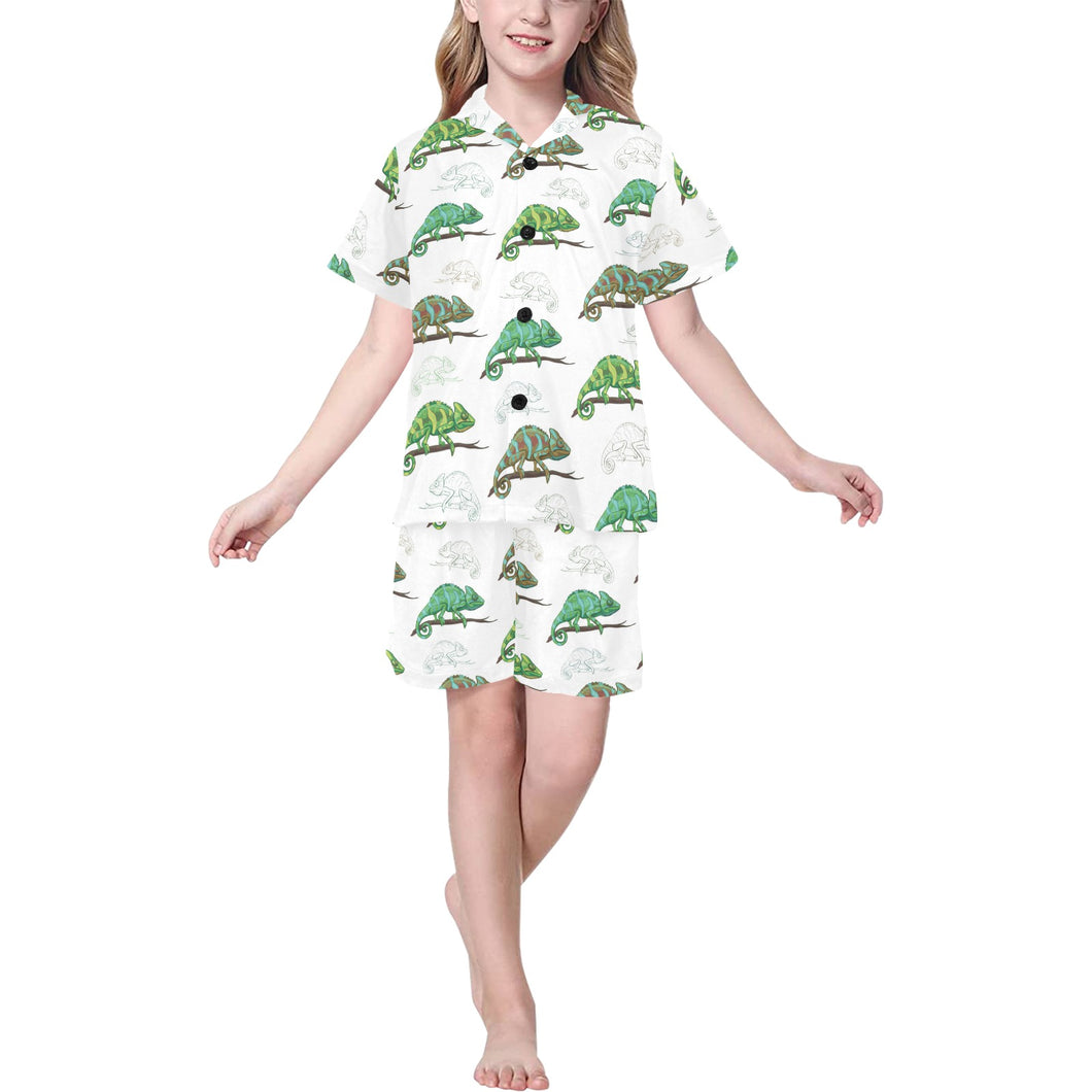 Chameleon lizard pattern Kids' Boys' Girls' V-Neck Short Pajama Set