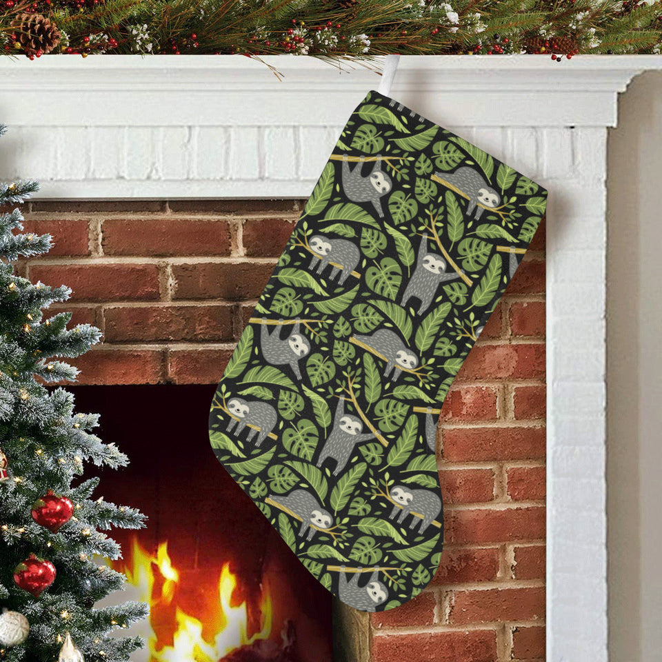 Cute sloths tropical palm leaves black background Christmas Stocking