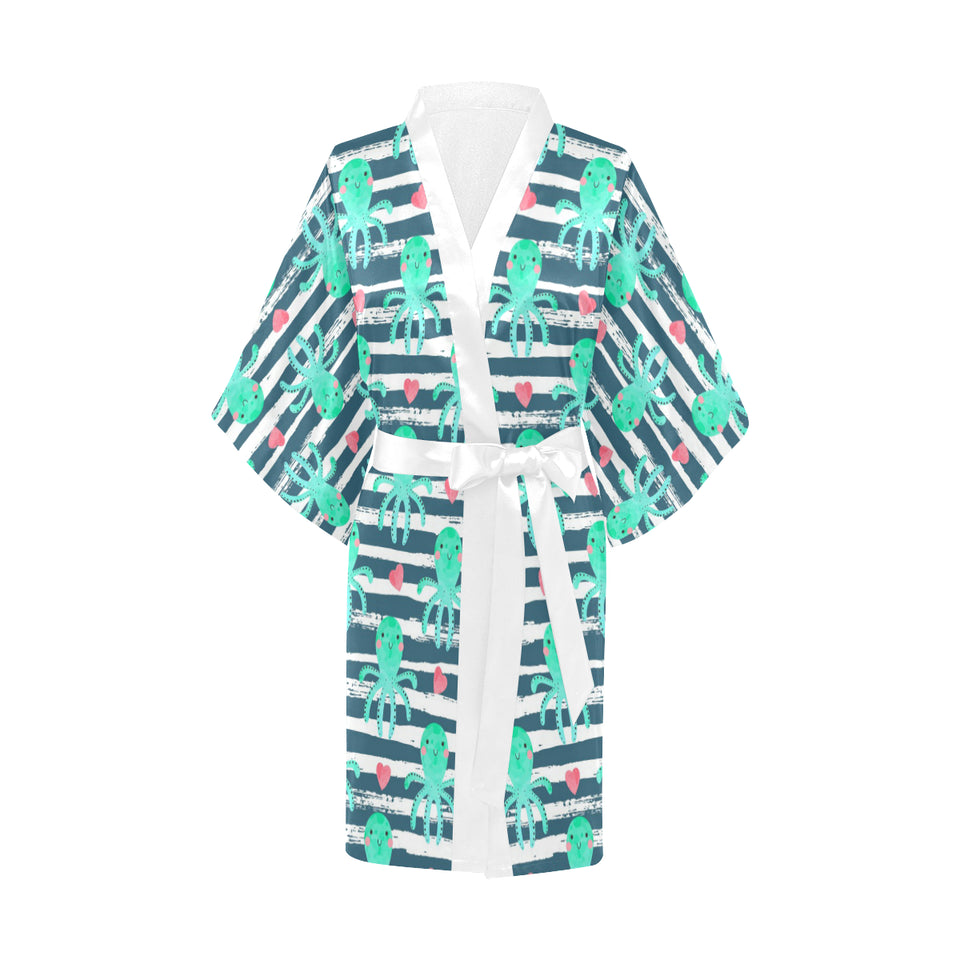 Cute octopuses heart striped background Women's Short Kimono Robe