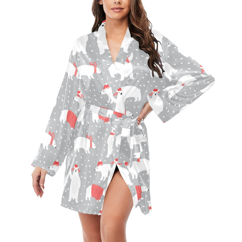 Cute polar bear christmas snow pattern Women's Long Sleeve Belted Night Robe