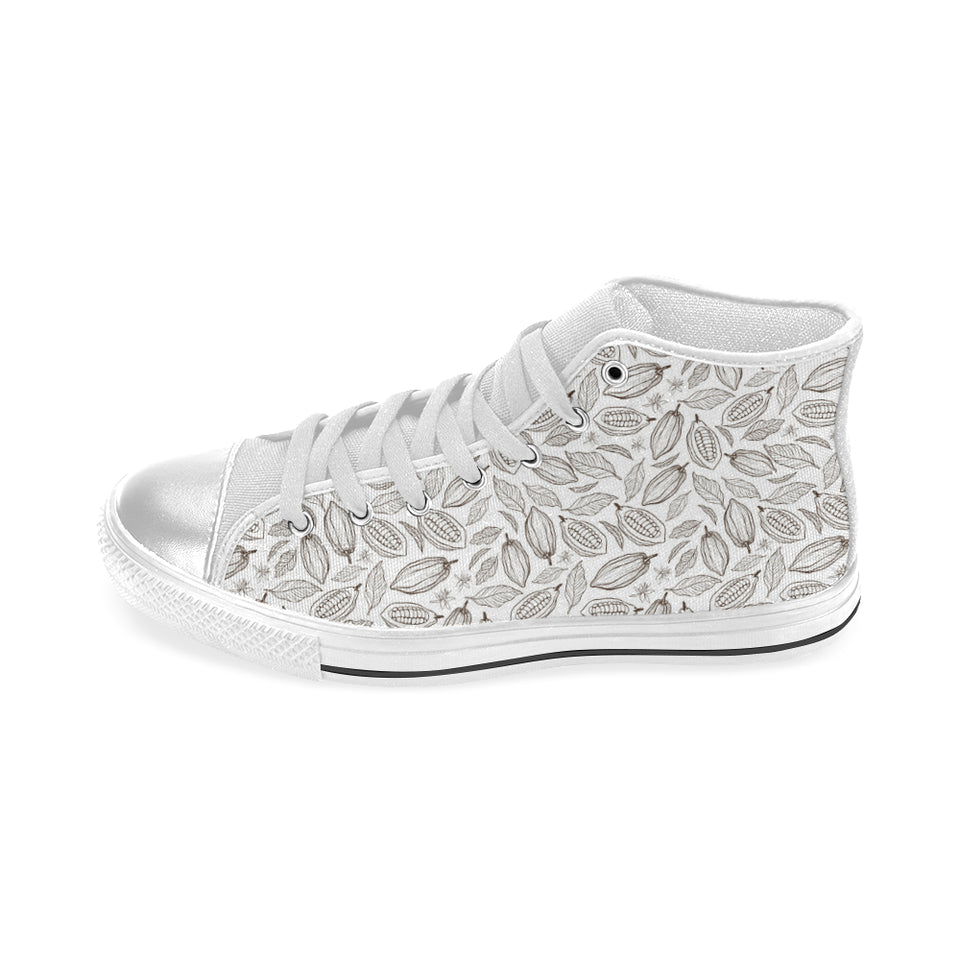 cacao beans leaves pattern Women's High Top Canvas Shoes White