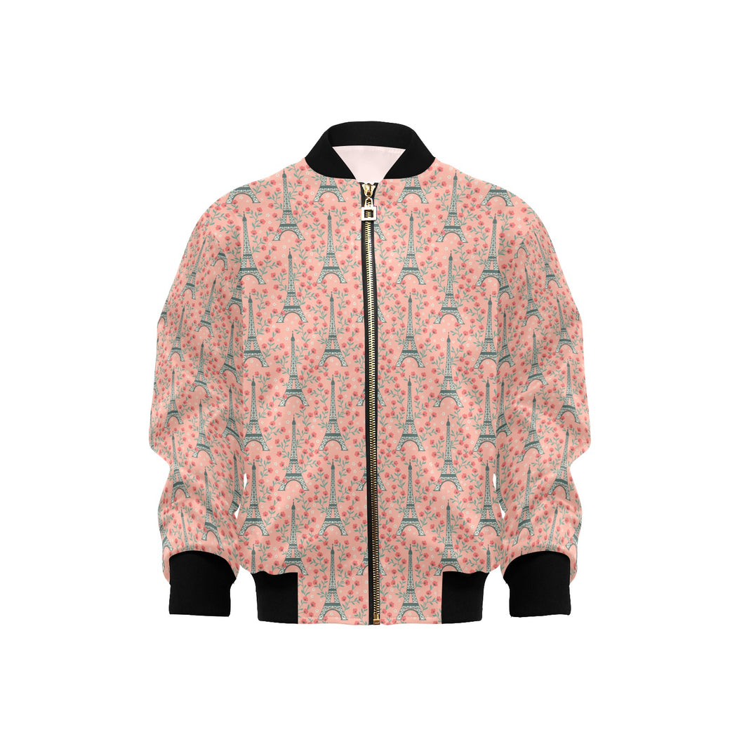 Eiffel Tower Flower Pattern Design 03 Kids' Boys' Girls' Bomber Jacket