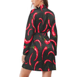 Chili peppers pattern black background Women's Long Sleeve Belted Night Robe