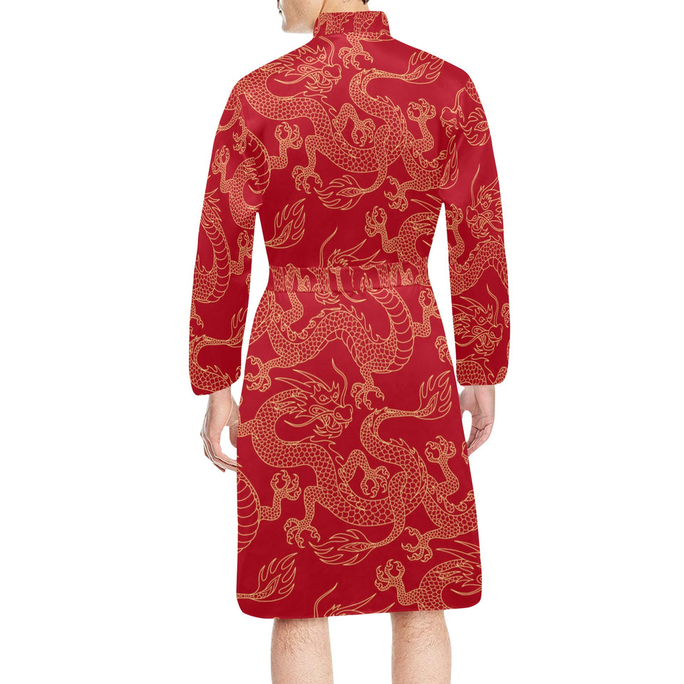 Gold dragons red background Men's Long Sleeve Belted Night Robe