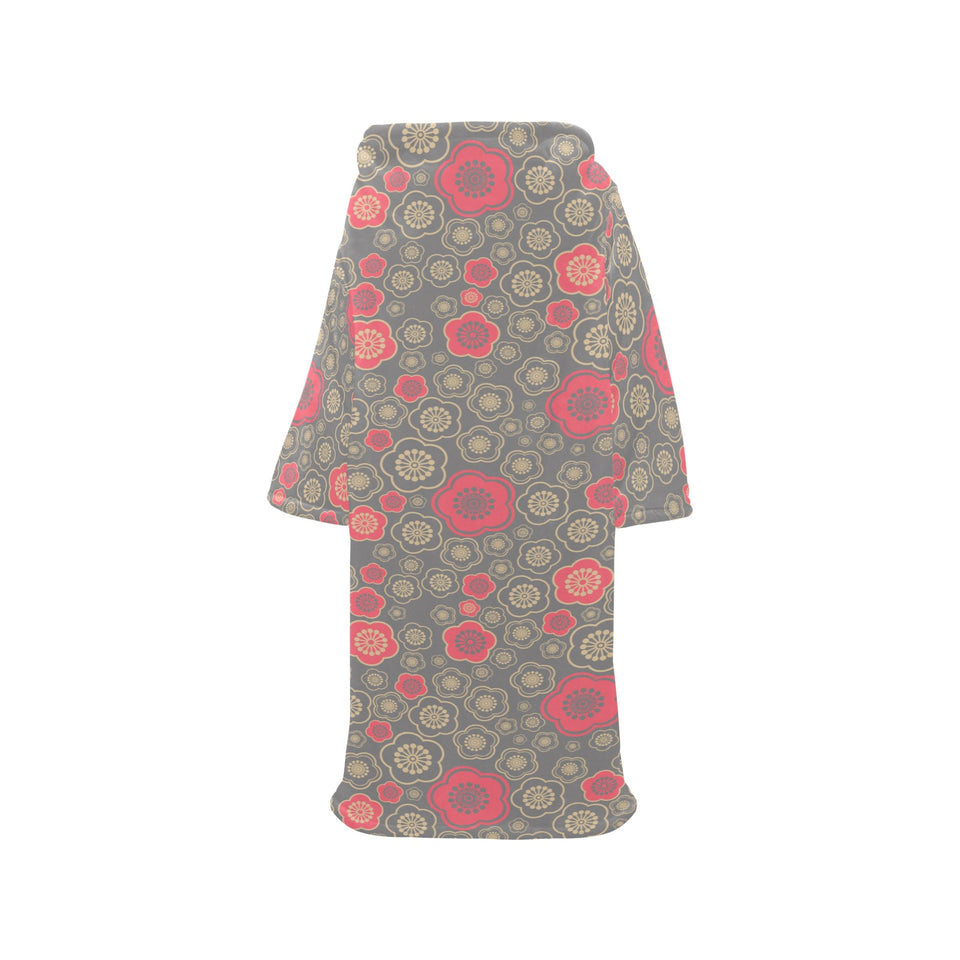 Red gold Sakura cherry blossom gray background Blanket Robe with Sleeves