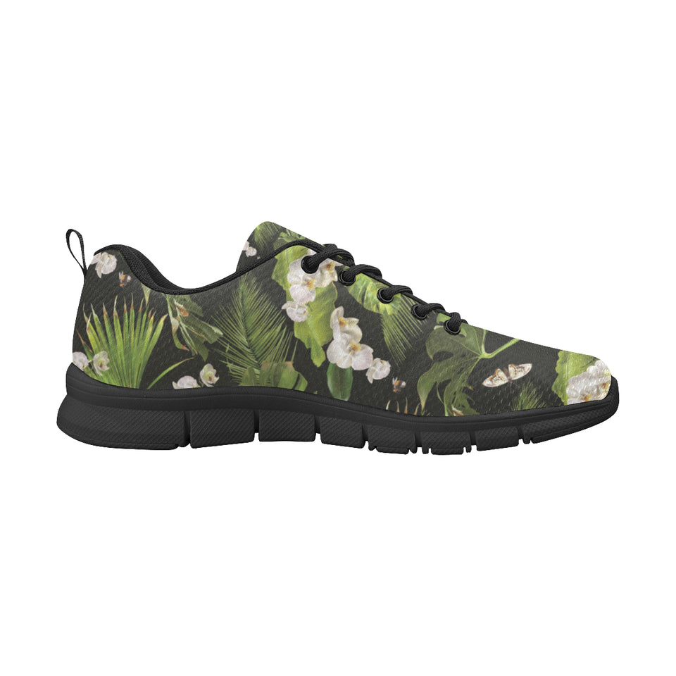 White orchid flower tropical leaves pattern blackg Men's Sneaker Shoes