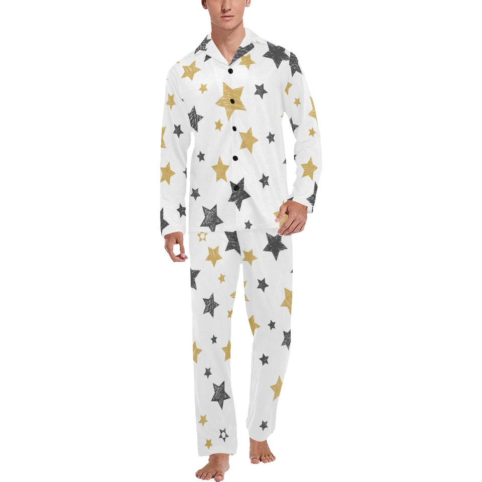 hand drawn gold black star pattern Men's Long Pajama Set