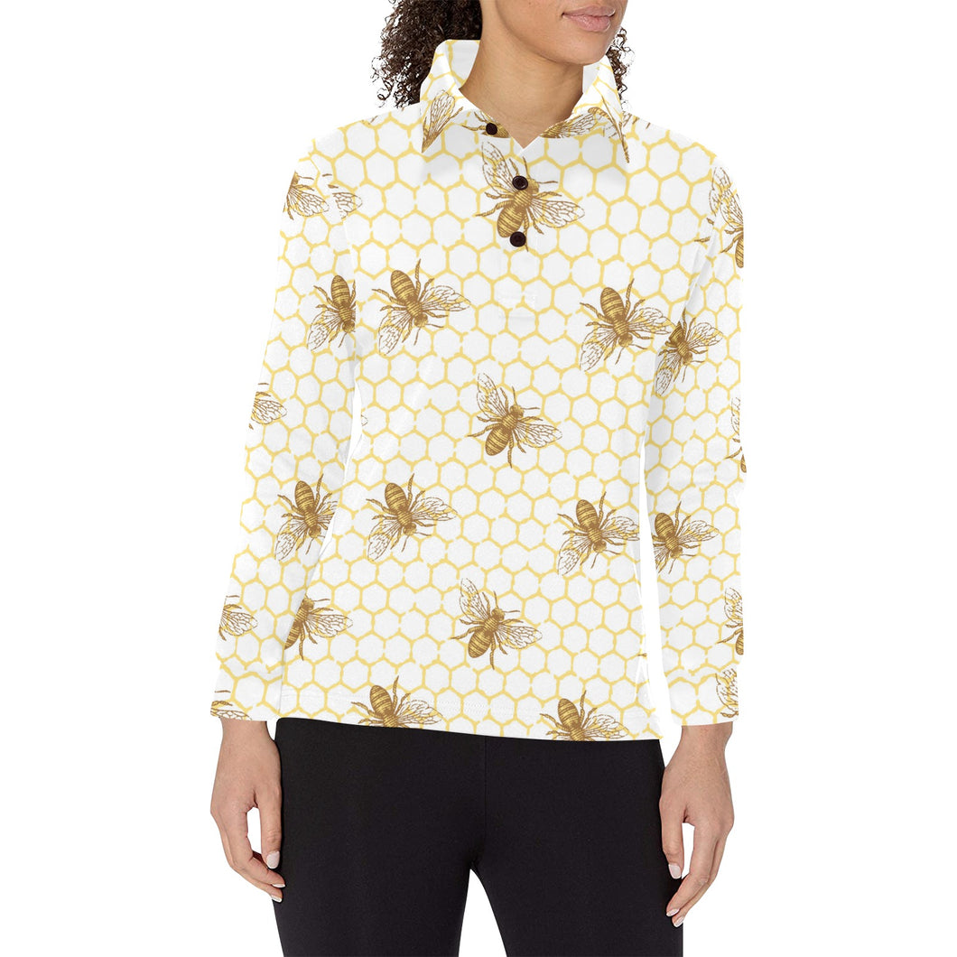 Bee honeycomb seamless design pattern Women's Long Sleeve Polo Shirt