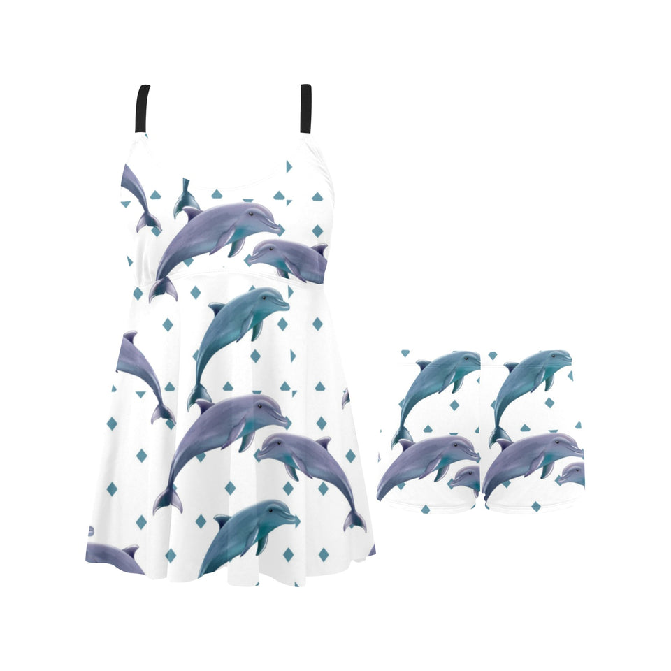 Dolphins pattern dotted background Chest Sexy Pleated Two Piece Swim Dress
