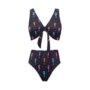 Watercolor colorful seahorse pattern Chest Bowknot High Waisted Bikini Swimsuit
