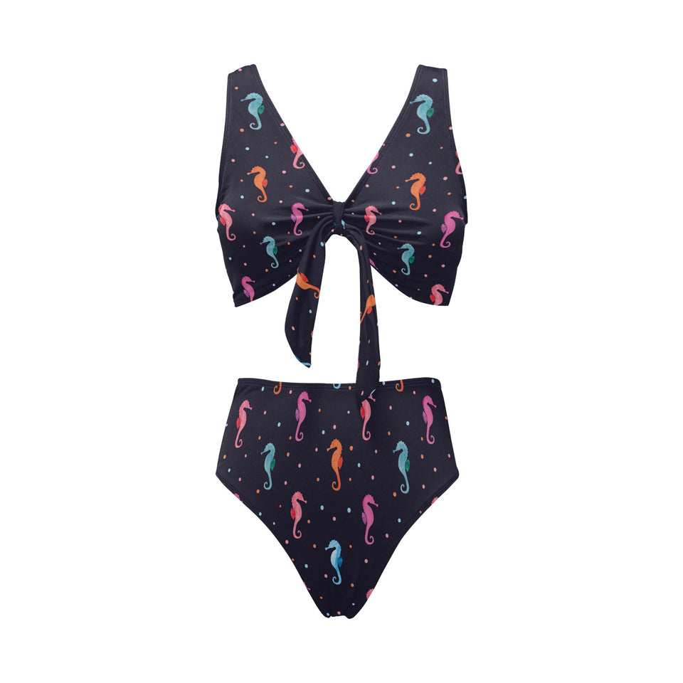 Watercolor colorful seahorse pattern Chest Bowknot High Waisted Bikini Swimsuit