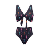 Watercolor colorful seahorse pattern Chest Bowknot High Waisted Bikini Swimsuit