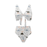 Polar bears star poka dot pattern Chest Bowknot High Waisted Bikini Swimsuit