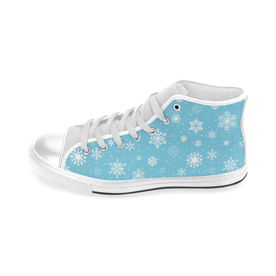 Snowflake pattern blue background Men's High Top Canvas Shoes White