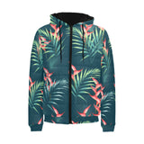 heliconia flowers, palm and monstera leaves on bla Men's Padded Hooded Jacket