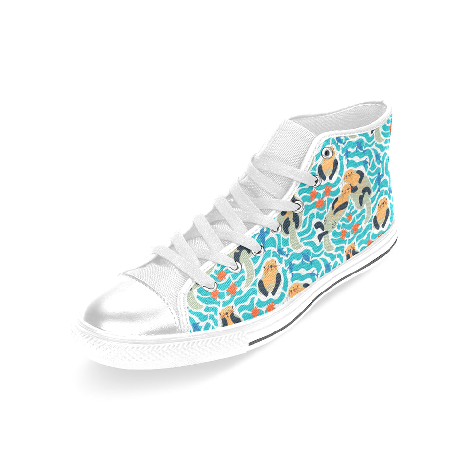 Cute sea otters fishe sea urchin pattern Women's High Top Canvas Shoes White