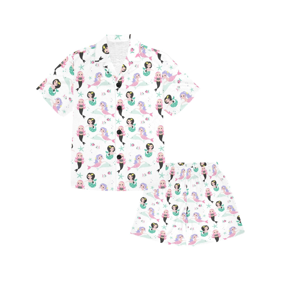 cute mermaid dolphin fish starfish pattern Kids' Boys' Girls' V-Neck Short Pajama Set