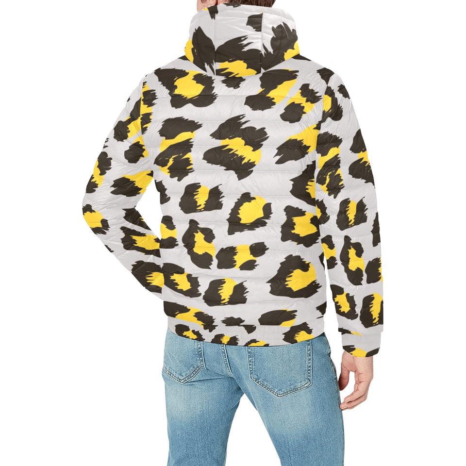 Gray Leopard print pattern Men's Padded Hooded Jacket