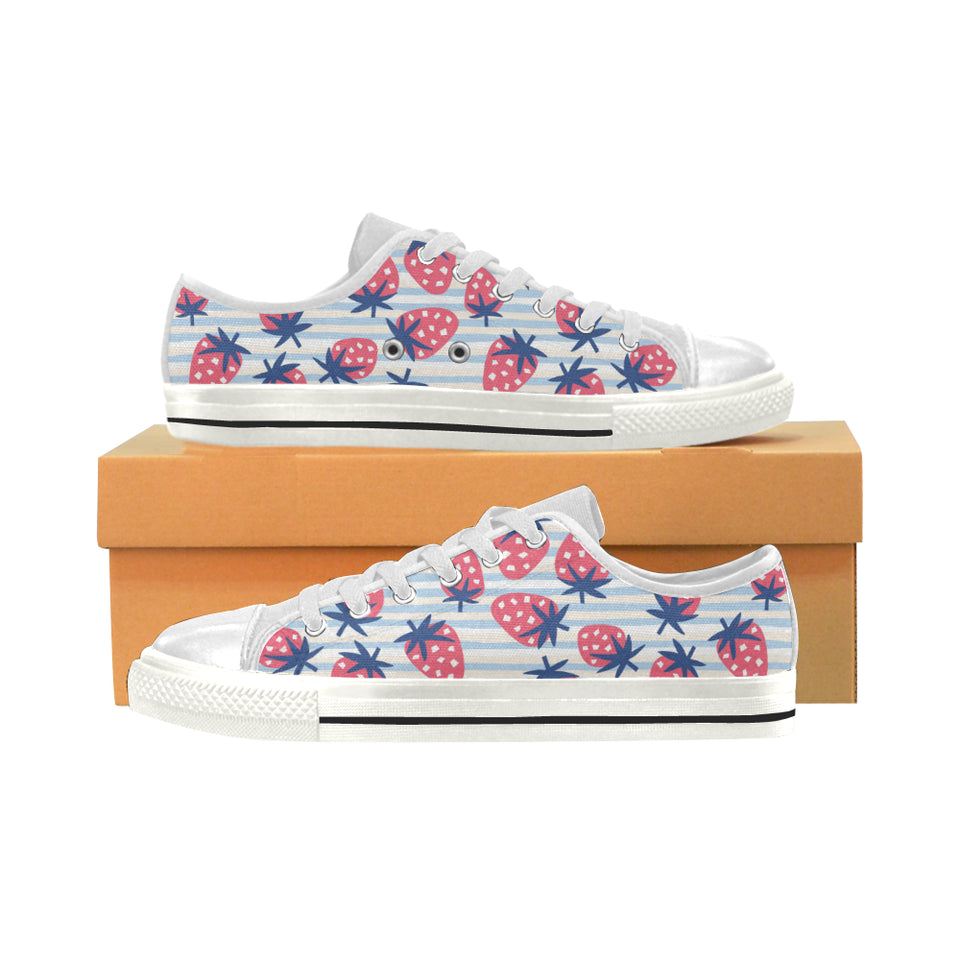 Strawberry pattern blue lines background Women's Low Top Canvas Shoes White