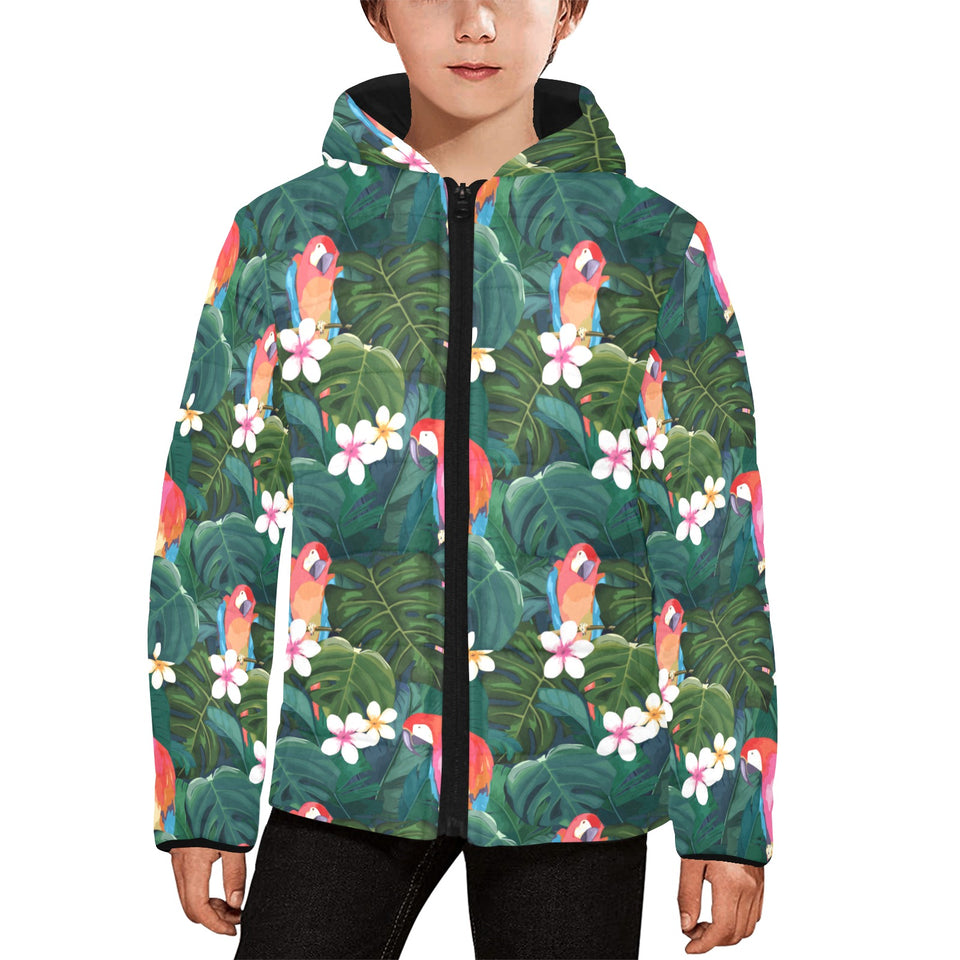 Parrot Palm tree leaves flower hibiscus pattern Kids' Boys' Girls' Padded Hooded Jacket