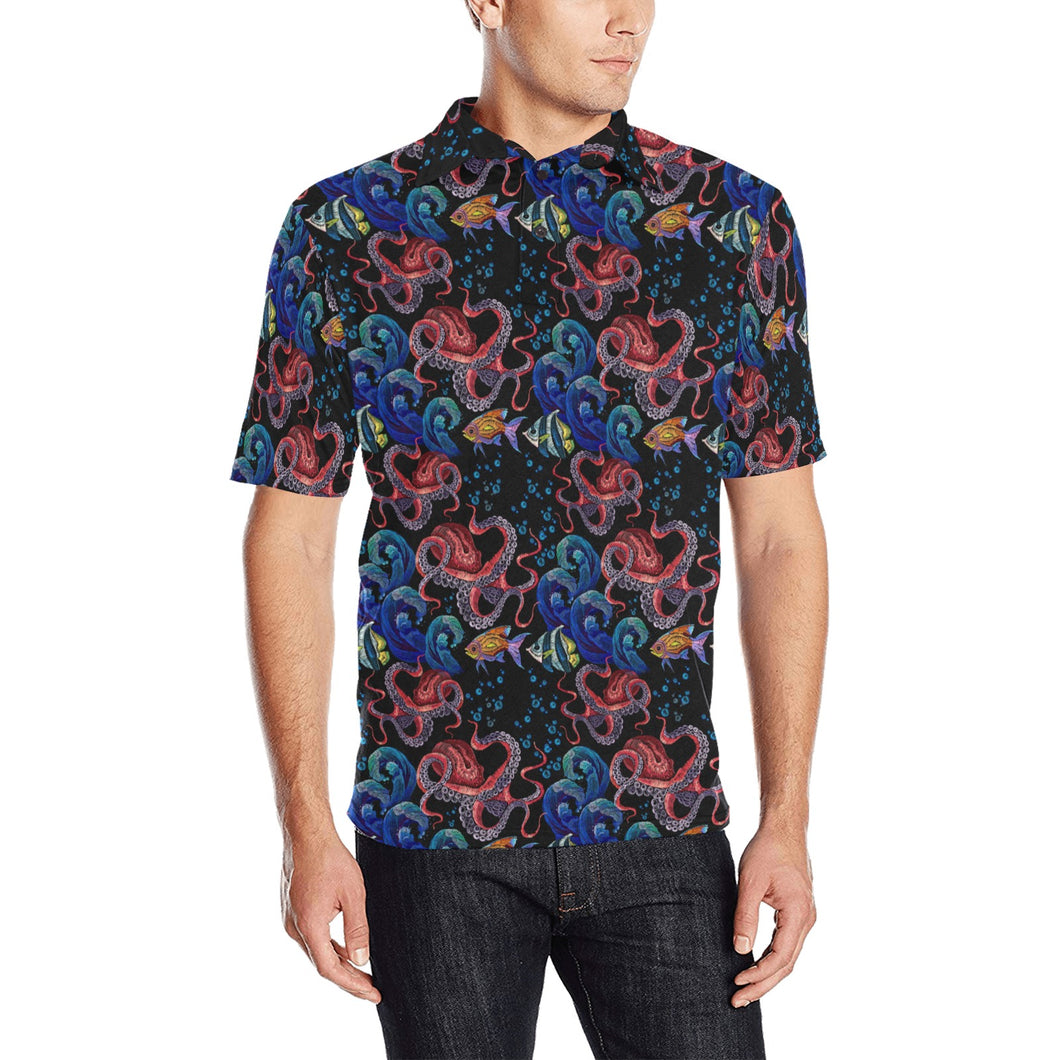Octopus sea wave tropical fishe pattern Men's All Over Print Polo Shirt