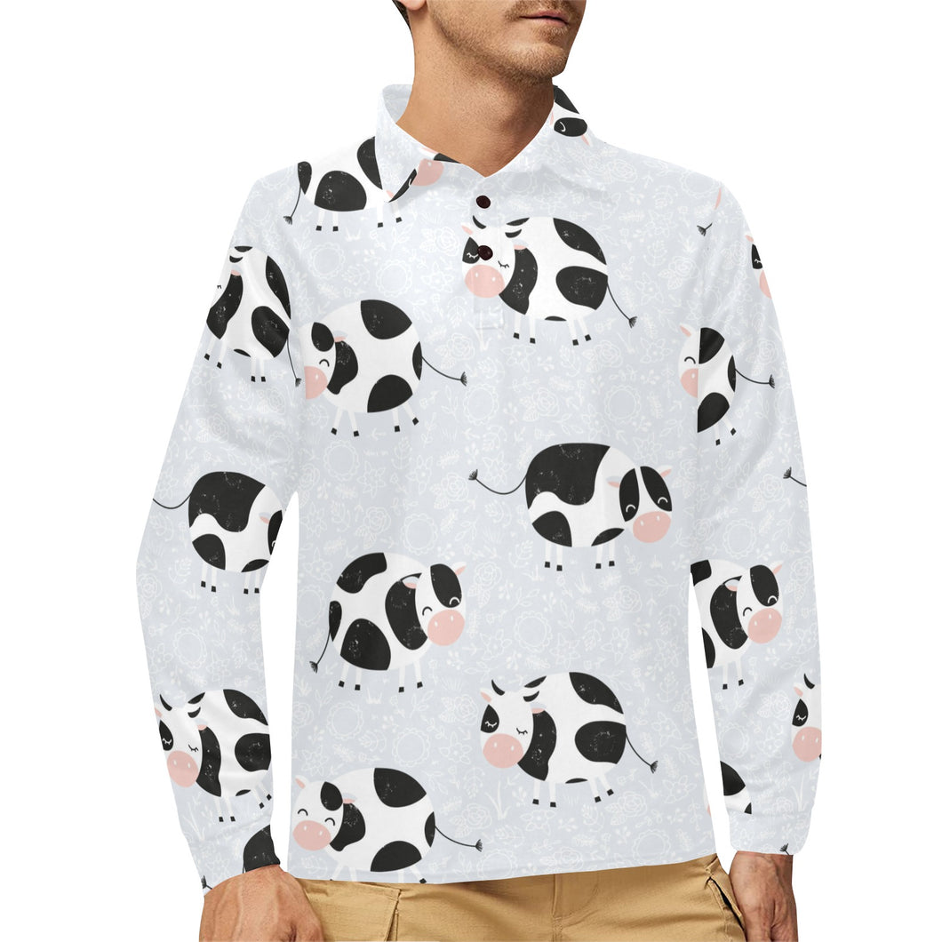Cute cows pattern Men's Long Sleeve Polo Shirt