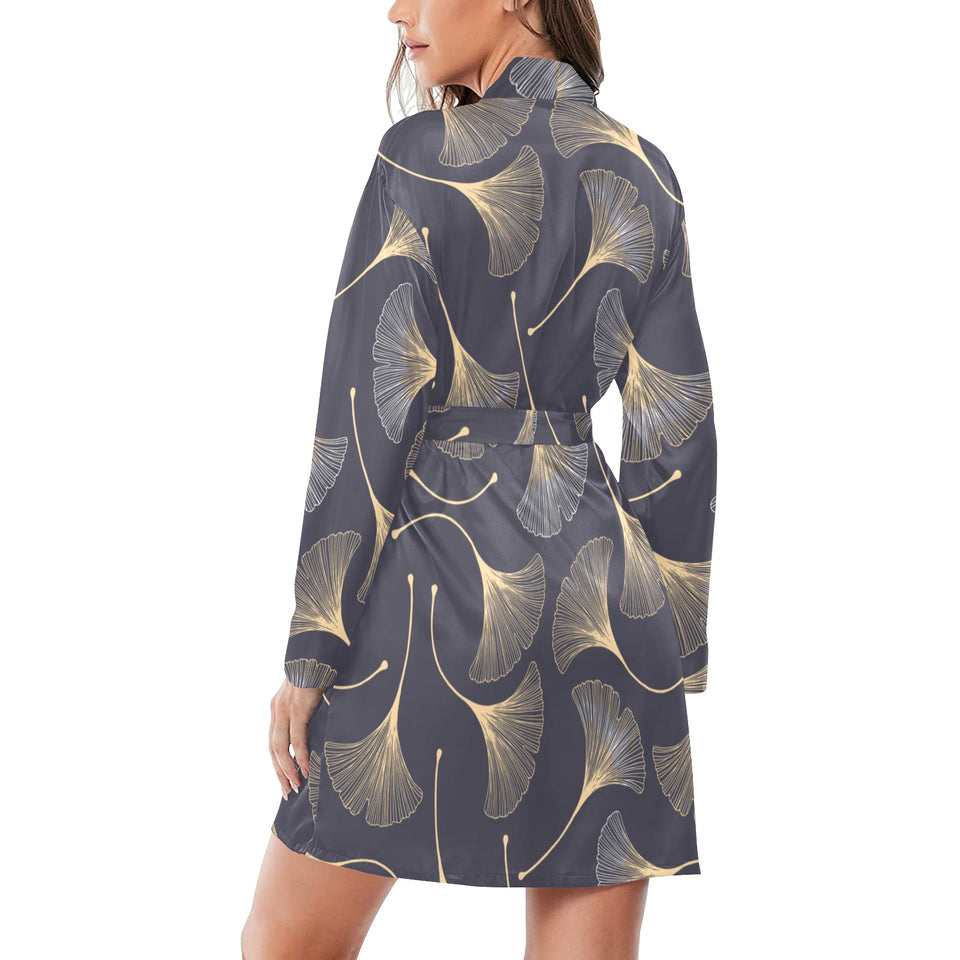 Gold ginkgo leaves Women's Long Sleeve Belted Night Robe