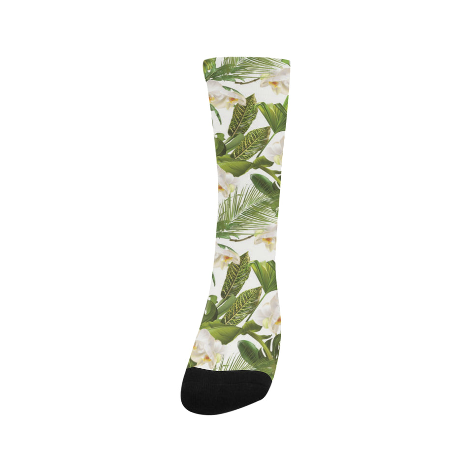 White orchid flower tropical leaves pattern Crew Socks