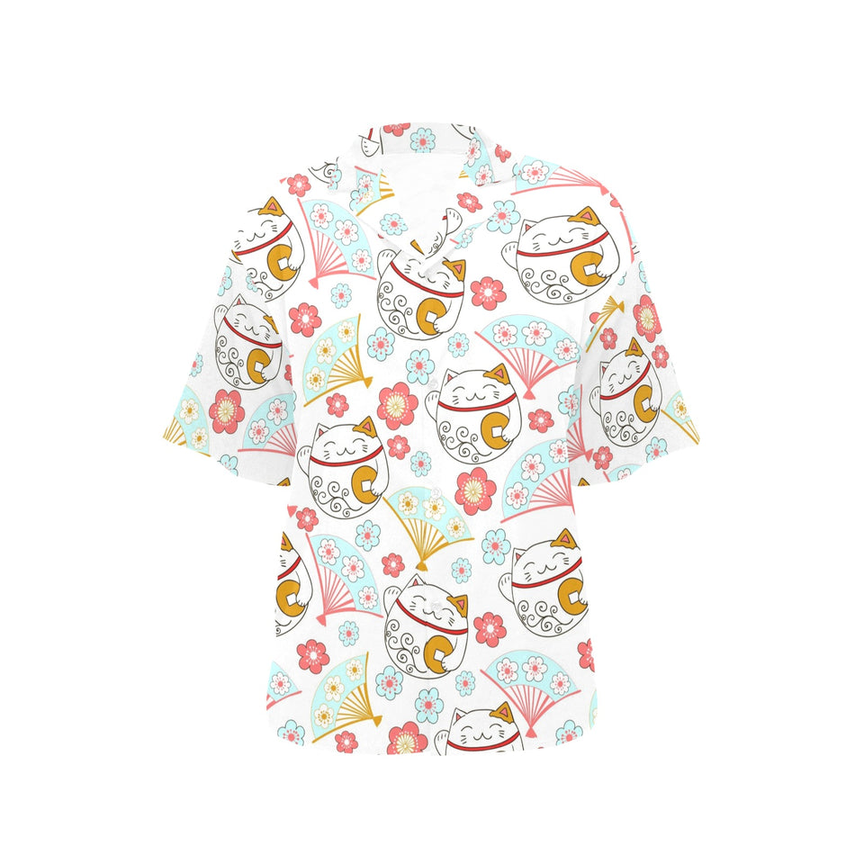 Maneki neko cat fan sakura Women's All Over Print Hawaiian Shirt