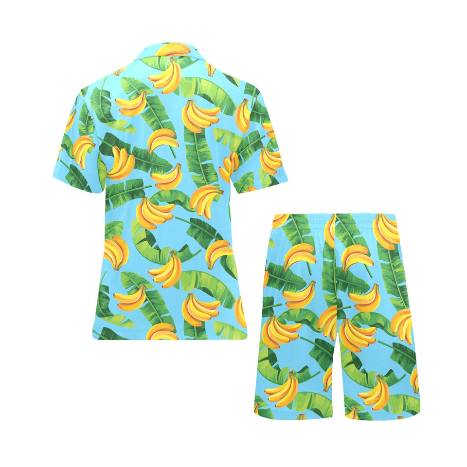 banana leaves banana design pattern Men's V-Neck Short Pajama Set