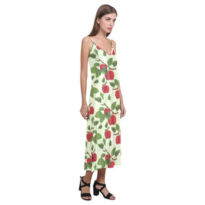 Red apples leaves pattern V-Neck Open Fork Long Dress