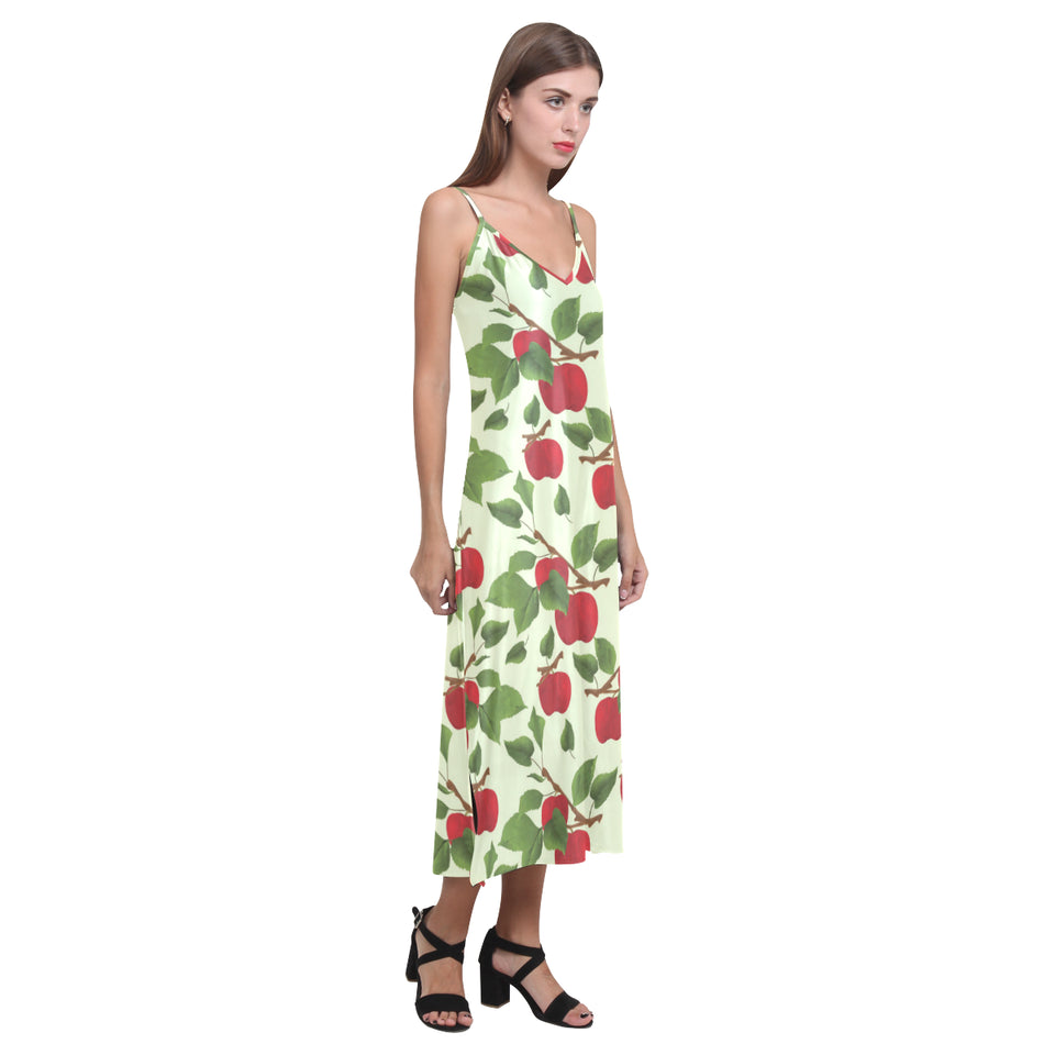 Red apples leaves pattern V-Neck Open Fork Long Dress
