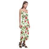 Red apples leaves pattern V-Neck Open Fork Long Dress