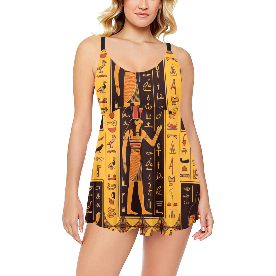 Egypt Hieroglyphics Pattern Print Design 05 Chest Sexy Pleated Two Piece Swim Dress