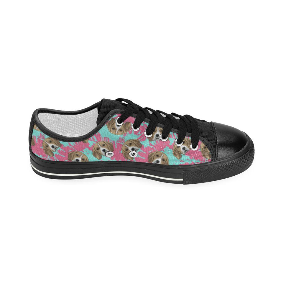 Beagle muzzles turquoise paint splashes pink patte Kids' Boys' Girls' Low Top Canvas Shoes Black