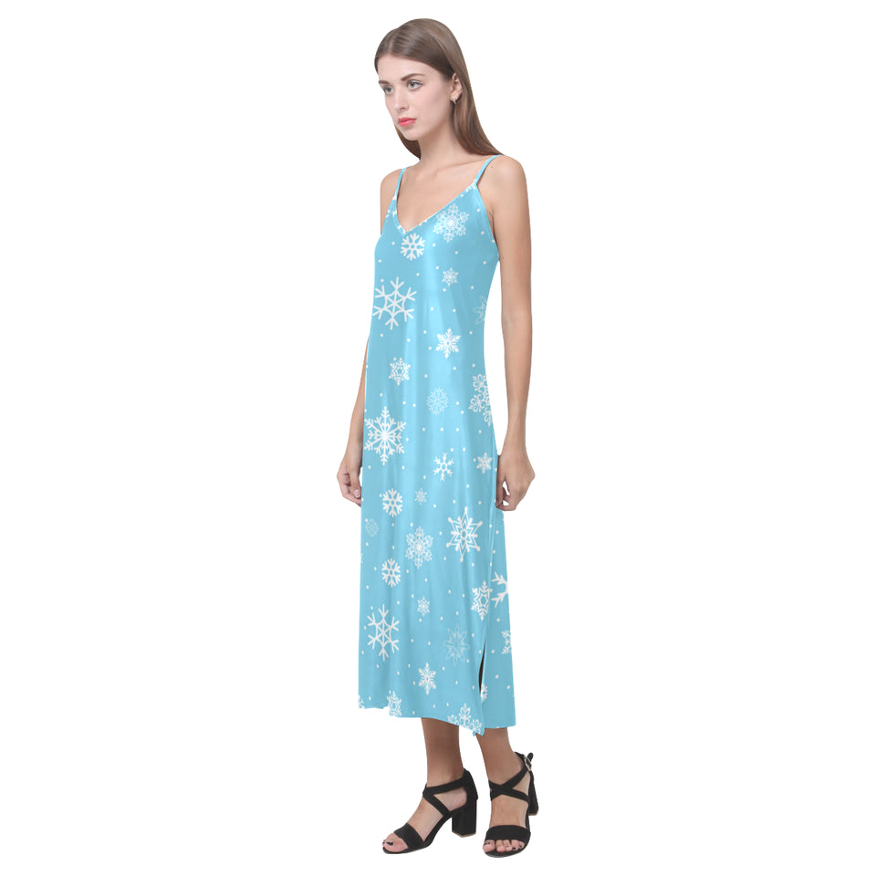 Snowflake pattern blue background V-Neck Open Fork Long Dress