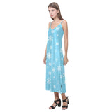Snowflake pattern blue background V-Neck Open Fork Long Dress