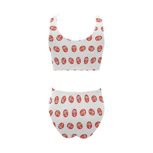 Daruma japanese wooden doll pattern Chest Bowknot High Waisted Bikini Swimsuit