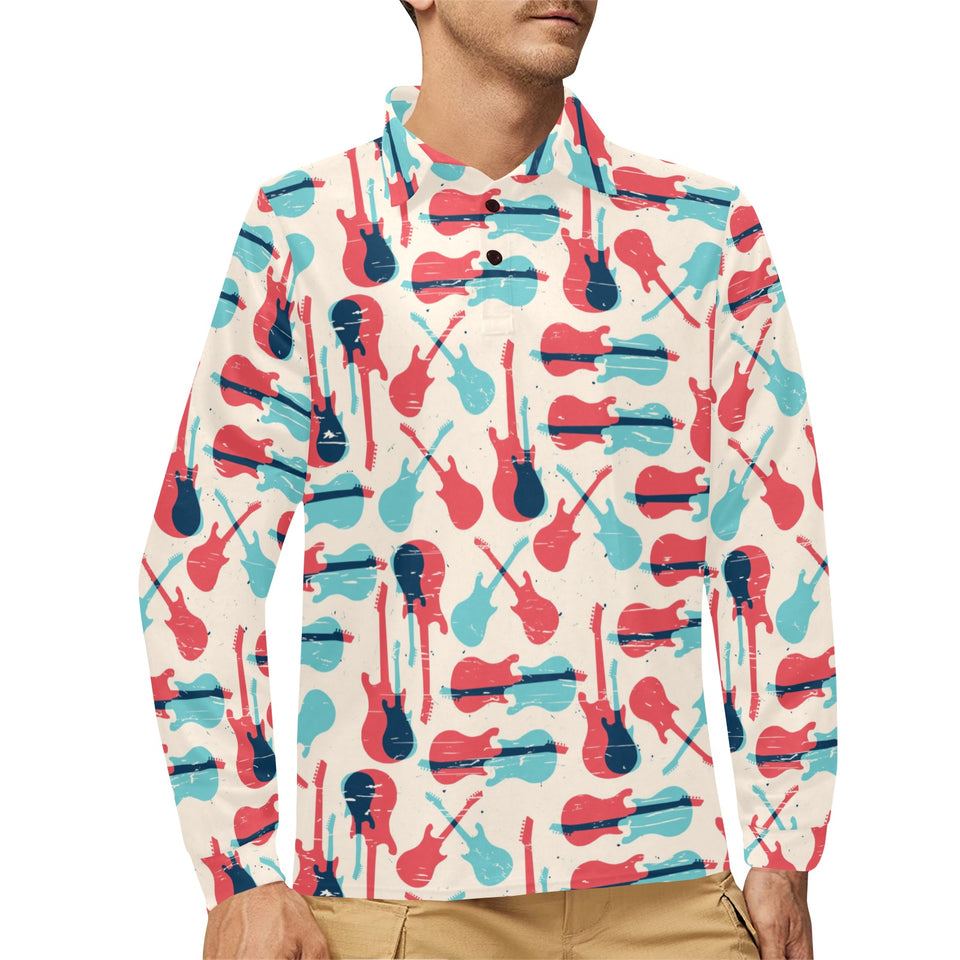Red Blue guitar pattern Men's Long Sleeve Polo Shirt