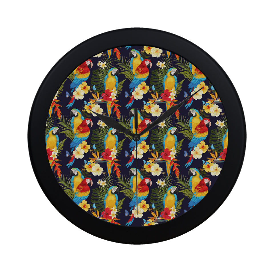 Colorful parrot flower pattern Elegant Black Wall Clock