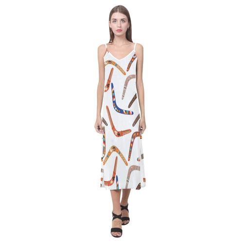 Boomerang Australian aboriginal ornament pattern V-Neck Open Fork Long Dress