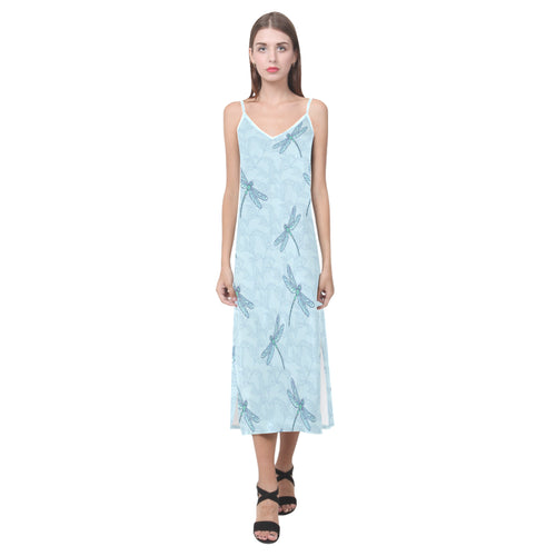 Dragonfly pattern blue background V-Neck Open Fork Long Dress